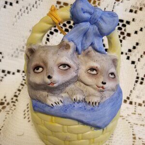 Vtg Giftco Inc “Basket Babies” Porcelain Bisque Collector's Bell–1985–Racoons